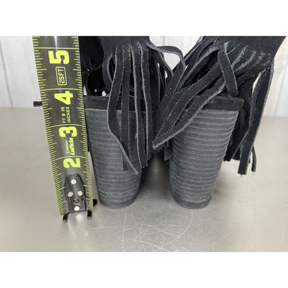 Carlos Women's Shoes Booties Leather Suede Black Fringed Chunky Heels Size 7.5 - Picture 4 of 6